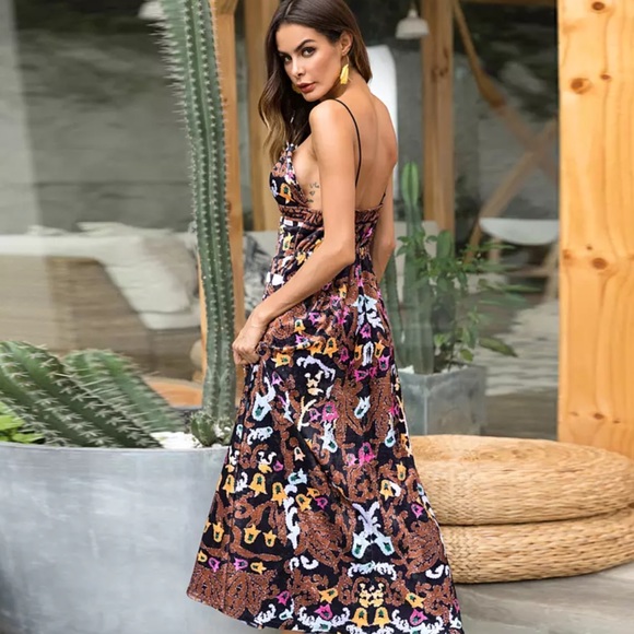 🍒 BROWN MAXI DRESS LONG FLOWER BOHO FLORAL THICK - Picture 3 of 8